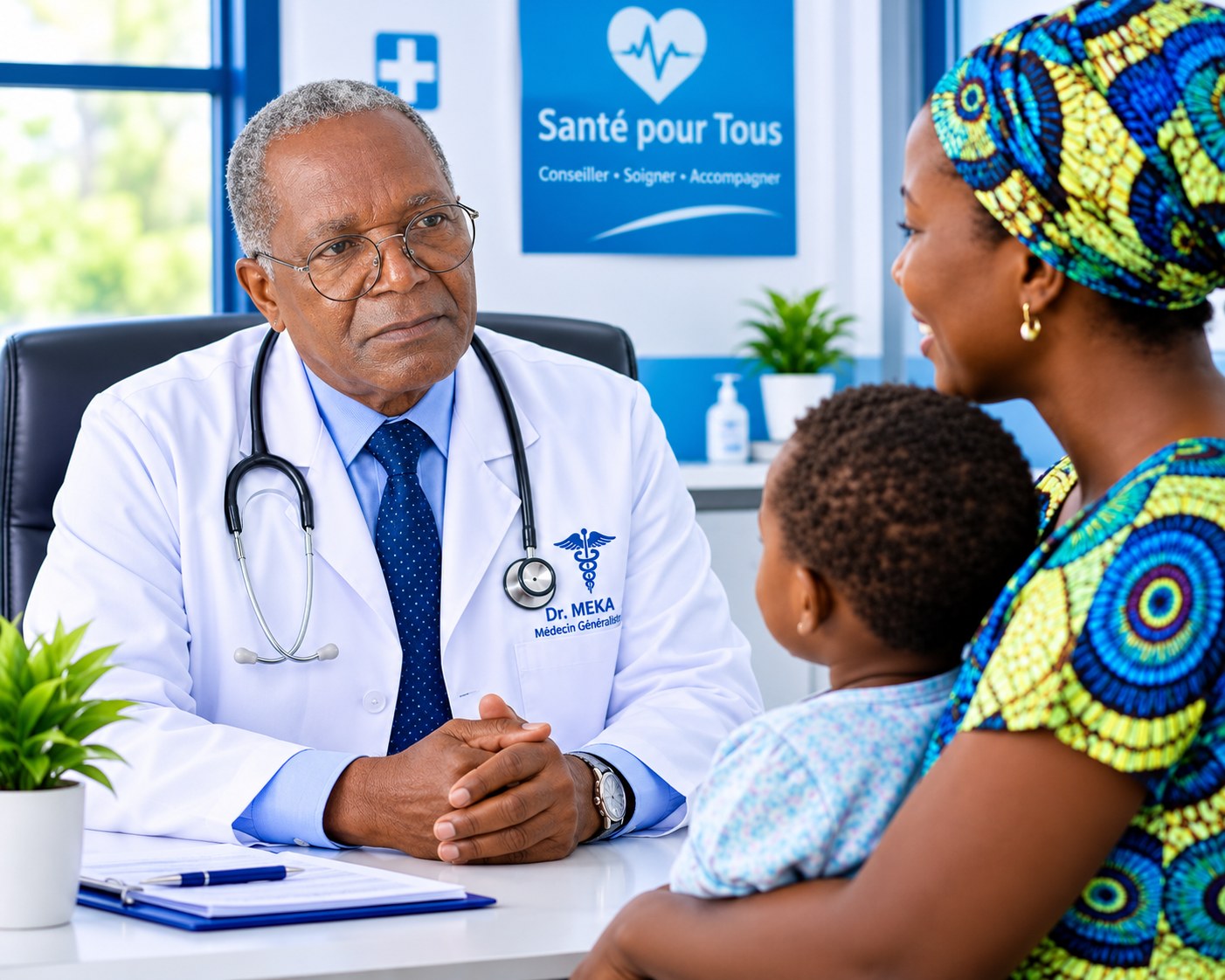 Le Docteur Joël MEKA MEKA, Médecin Généraliste, échange avec une mère et son enfant dans son cabinet